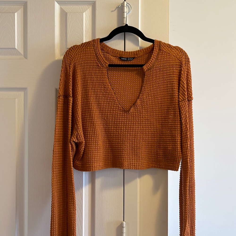 Notched Neck Contrast Stitch Textured Knit Top